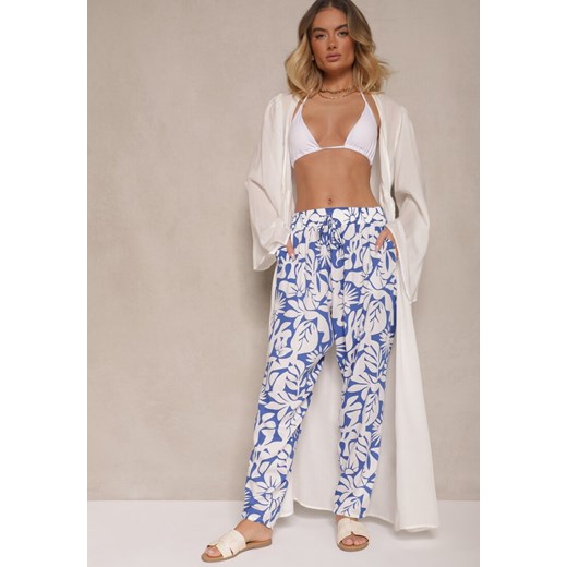 Niebieskie Spodnie z Wiskozy High Waist w Kwiatowy Wzór Niliannea ze sklepu renee.pl w kategorii Spodnie damskie - zdjęcie 183936229