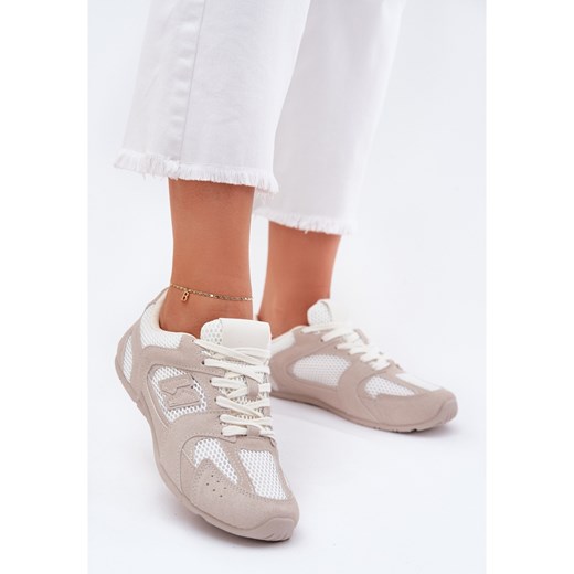 Buty Sportowe Damskie Z Eko Zamszu Biało-Beżowe beżowy ze sklepu ButyModne.pl w kategorii Buty sportowe damskie - zdjęcie 183944396