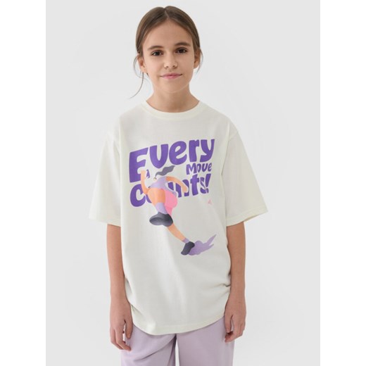 Dziewczęcy t-shirt oversize z nadrukiem 4F 4FJASAW24TTSHF2592 - biały ze sklepu Sportstylestory.com w kategorii Bluzki dziewczęce - zdjęcie 184004535