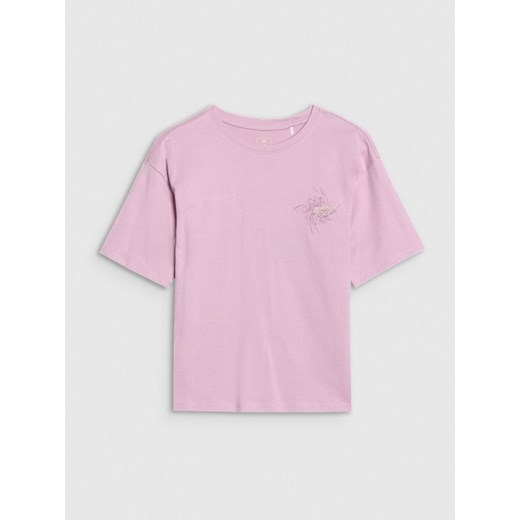 Dziewczęcy t-shirt z nadrukiem 4F 4FJWSS25TTSHF1853 - fioletowy ze sklepu Sportstylestory.com w kategorii Bluzki dziewczęce - zdjęcie 184004946