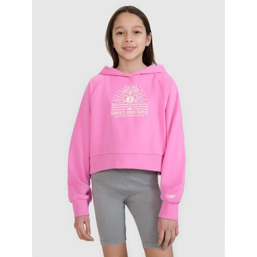 Dziewczęca bluza dresowa nierozpinana z kapturem 4FJRSS25TSWSF2252 - różowa ze sklepu Sportstylestory.com w kategorii Bluzy dziewczęce - zdjęcie 184006195