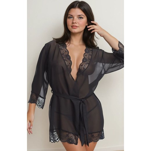 Czarny peniuar damski tiulowy szlafrok Cassidy Plus Size, Kolor czarny, Rozmiar 3XL, Irall ze sklepu Intymna w kategorii Szlafroki damskie - zdjęcie 184009458