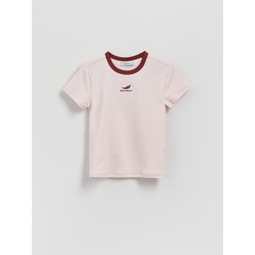 Reserved - Bawełniany t-shirt z haftem - pastelowy róż ze sklepu Reserved w kategorii Bluzki dziewczęce - zdjęcie 184017895