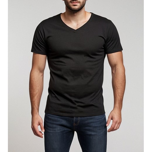 T-shirt męski kołnierzyk v-neck czarny Recea ze sklepu Recea.pl w kategorii T-shirty męskie - zdjęcie 184023935