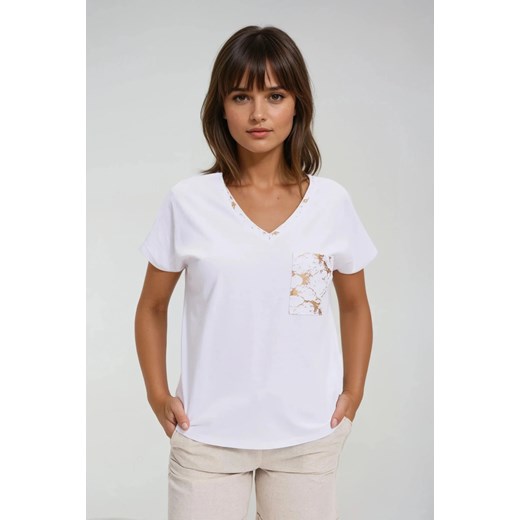 Bawełniany t-shirt z ozdobną kieszenią biały ze sklepu Moodo.pl w kategorii Bluzki damskie - zdjęcie 184024666