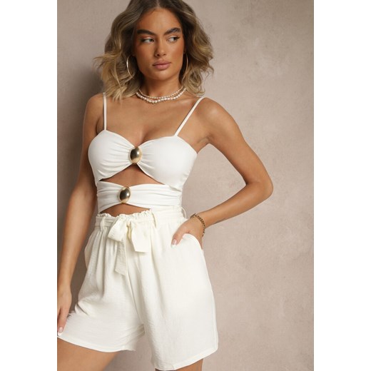 Jasnobeżowe Luźne Szorty Bermudy High Waist z Gumką i Materiałowym Paskiem w Talii Renetta ze sklepu renee.pl w kategorii Szorty - zdjęcie 184028597