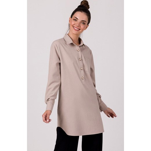 Tunika koszulowa z kołnierzykiem beżowa B276, Kolor beżowy, Rozmiar L/XL, BeWear ze sklepu Primodo w kategorii Sukienki - zdjęcie 184061358