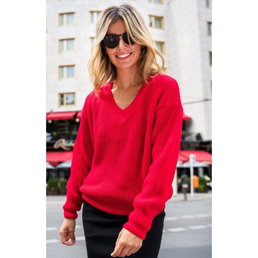 Czerwony sweter damski z dekoltem w serek BK075, Kolor czerwony, Rozmiar L/XL, BE ze sklepu Primodo w kategorii Swetry damskie - zdjęcie 184061589