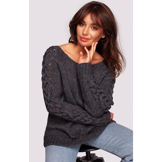 Sweter damski ciemnoszary BK090, Kolor ciemny szary, Rozmiar L/XL, BeWear ze sklepu Primodo w kategorii Swetry damskie - zdjęcie 184061629