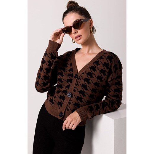 Krótki kardigan w pepitkę brązowy BK104, Kolor brązowy, Rozmiar L/XL, BeWear ze sklepu Primodo w kategorii Swetry damskie - zdjęcie 184061666