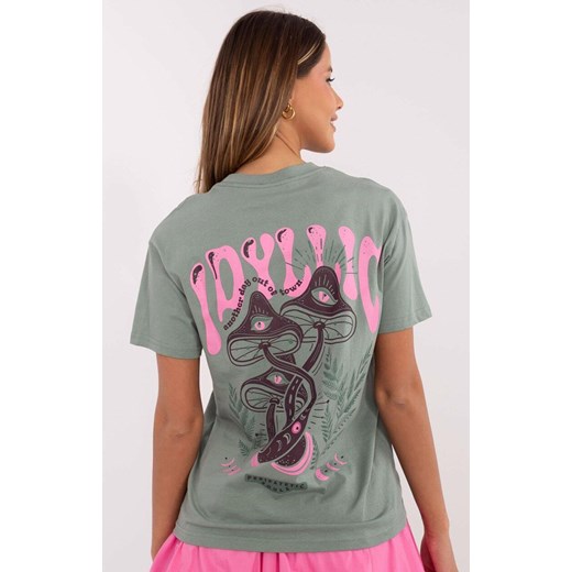 Pistacjowy damski t-shirt z napisami D12022AC02645H, Kolor pistacjowy, Rozmiar M, Sublevel ze sklepu Primodo w kategorii Bluzki damskie - zdjęcie 184068528