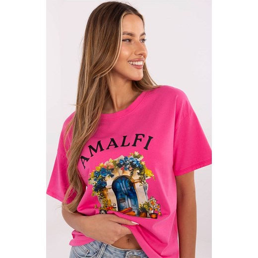 T-shirt damski ciemnoróżowy MI-TS-M3221G.75, Kolor ciemnoróżowy, Rozmiar Italy Moda uniwersalny okazja Primodo