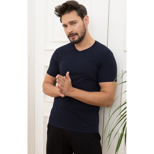 Granatowa koszulka męska na krótki rękaw w serek Ikar, Kolor granatowy, Rozmiar M, Italian Fashion ze sklepu Primodo w kategorii T-shirty męskie - zdjęcie 184074109