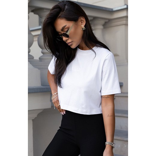 Krótki biały t-shirt damski z haftem B57K, Kolor biały, Rozmiar L, Ivon ze sklepu Primodo w kategorii Bluzki damskie - zdjęcie 184075627