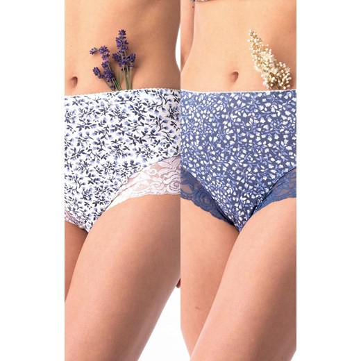 2-pack wysokie bawełniane majtki w kwiatowy wzór LPF 526, Kolor biało-granatowy, Rozmiar S, Key ze sklepu Primodo w kategorii Majtki damskie - zdjęcie 184076597