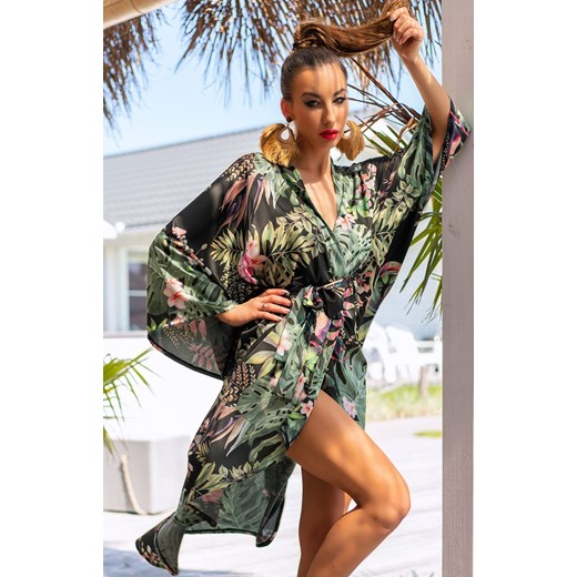 Satynowy szlafrok damski w kwiaty Atenna, Kolor czarno-zielony, Rozmiar one size, LivCo Corsetti Fashion ze sklepu Primodo w kategorii Odzież plażowa - zdjęcie 184078038