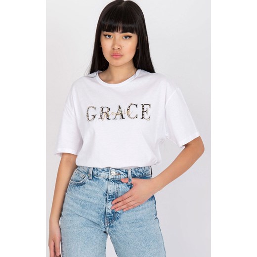 Biały t-shirt damski z dżetami HB-TS-3084.52, Kolor biały, Rozmiar L, HiB ze sklepu Primodo w kategorii Bluzki damskie - zdjęcie 184081457