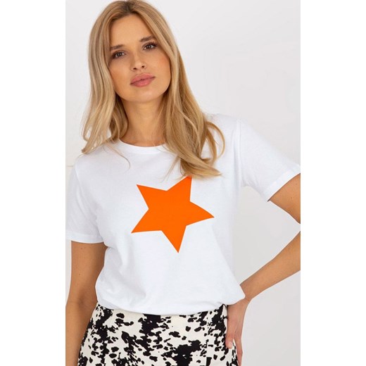 T-shirt damski z pomarańczową gwiazdą RV-TS-8626.00, Kolor biało-pomarańczowy, Rozmiar L/XL, BASIC FEEL GOOD ze sklepu Primodo w kategorii Bluzki damskie - zdjęcie 184081557