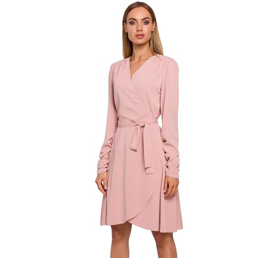 Elegancka sukienka damska kopertowa różowa pastelowa M487, Kolor pudrowy, Rozmiar S, MOE ze sklepu Primodo w kategorii Sukienki - zdjęcie 184081838