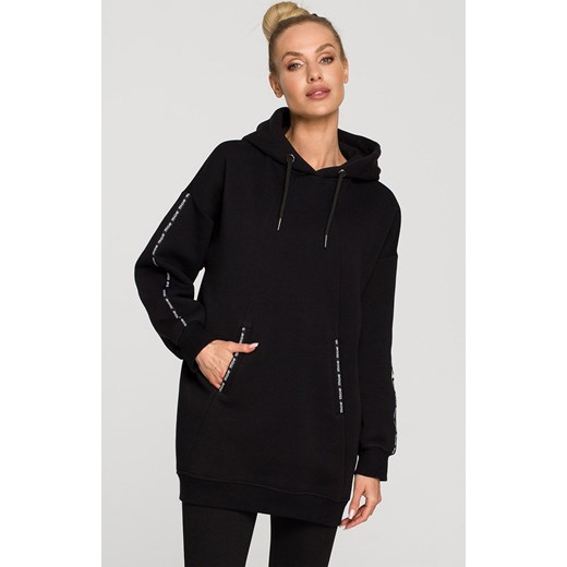 Czarna bluza oversize z kapturem i ozdobnymi lampasami M696, Kolor czarny, Rozmiar L, MOE ze sklepu Primodo w kategorii Bluzy damskie - zdjęcie 184082168