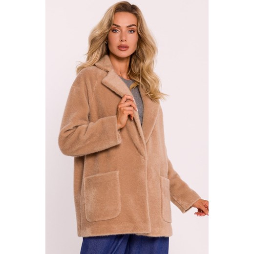 Krótki płaszcz damski z włosem beżowy M808, Kolor beżowy, Rozmiar 2XL/3XL, MOE ze sklepu Primodo w kategorii Płaszcze damskie - zdjęcie 184083715