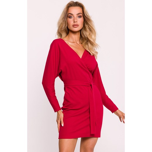 Prążkowana sukienka mini z paskiem czerwona M819, Kolor czerwony, Rozmiar 2XL/3XL, MOE ze sklepu Primodo w kategorii Sukienki - zdjęcie 184083919