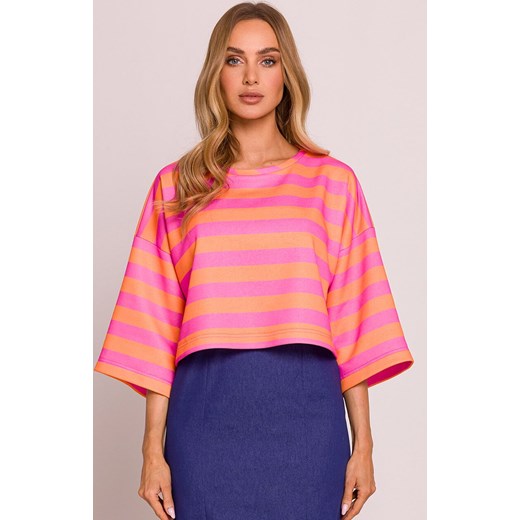 Moe krótka bluza damska w paski  M844/3, Kolor różowo-pomarańczowy, Rozmiar 2XL/3XL, MOE ze sklepu Primodo w kategorii Bluzy damskie - zdjęcie 184084356