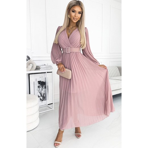 Plisowana sukienka z paskiem pudrowy róż 414-2 Klara, Kolor róż pudrowy, Rozmiar one size, NUMOCO BASIC ze sklepu Primodo w kategorii Sukienki - zdjęcie 184086767