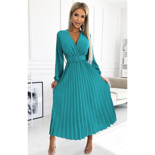 Plisowana sukienka midi z długim rękawem morska 504-6 Viviana, Kolor morski, Rozmiar one size, NUMOCO BASIC ze sklepu Primodo w kategorii Sukienki - zdjęcie 184087048