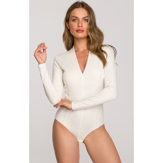Body damskie bluzka z dekoltem V w kolorze ecru S327, Kolor ecru, Rozmiar L, Stylove ze sklepu Primodo w kategorii Bluzki damskie - zdjęcie 184091215