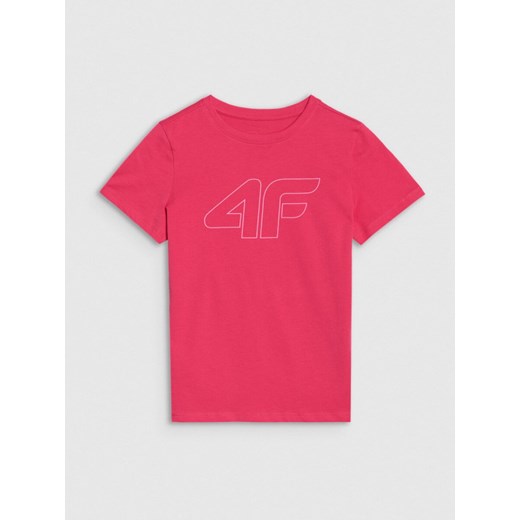 Dziewczęcy t-shirt z nadrukiem 4F 4FJWSS25TTSHF2176 - różowy ze sklepu Sportstylestory.com w kategorii Bluzki dziewczęce - zdjęcie 184107427