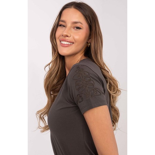 Bawełniany t-shirt damski khaki z haftem RV-TS-A518.55, Kolor khaki, Rozmiar S, Relevance ze sklepu Intymna w kategorii Bluzki damskie - zdjęcie 184123335