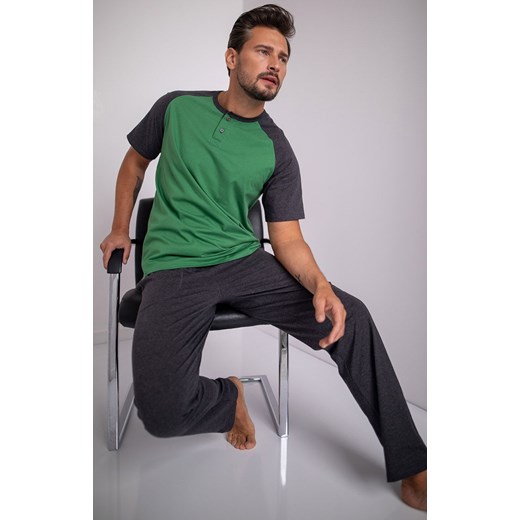 Piżama męska zielono szara na krótki rękaw Aleksander, Kolor zielono-szary, Rozmiar M, Italian Fashion ze sklepu Intymna w kategorii Piżamy męskie - zdjęcie 184127497