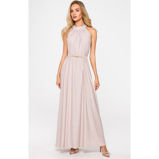 Suknia maxi z dekoltem typu halter w kolorze szampańskim M721, Kolor szampański, Rozmiar uniwersalny, MOE ze sklepu Intymna w kategorii Sukienki - zdjęcie 184137997