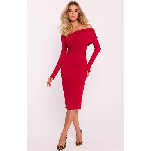 Prążkowana sukienka midi z asymetrycznym dekoltem czerwona M820, Kolor czerwony, Rozmiar 2XL/3XL, MOE ze sklepu Intymna w kategorii Sukienki - zdjęcie 184138415