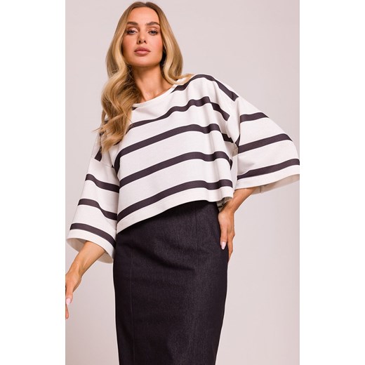 Moe krótka bluza damska w paski M844/1, Kolor biały-wzór, Rozmiar 2XL/3XL, MOE ze sklepu Intymna w kategorii Bluzy damskie - zdjęcie 184138749