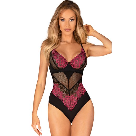 Obsessive body z różowym haftem Rosenty, Kolor czarno-różowy, Rozmiar XS/S, Obsessive ze sklepu Intymna w kategorii Body damskie - zdjęcie 184142609