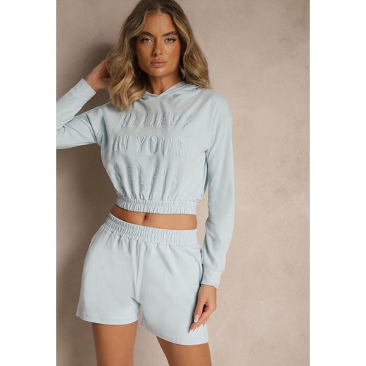 Jasnoniebieski Komplet z Bawełny w Sportowym Stylu Bluza z Kapturem i Szorty Izurea ze sklepu renee.pl w kategorii Komplety i garnitury damskie - zdjęcie 184157596