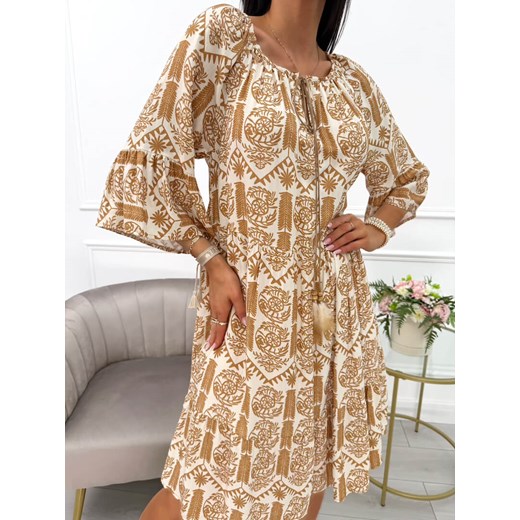 Beżowa Sukienka Oversize w Brązowy Wzór ze sklepu ModnaKiecka.pl w kategorii Sukienki - zdjęcie 184159905