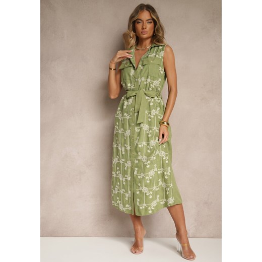 Sukienka Renee z kołnierzykiem z paskiem z haftem koszulowa 