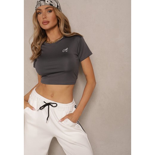 Ciemnoszary T-shirt Crop Top z Ozdobną Literką Kolesira ze sklepu renee.pl w kategorii Bluzki damskie - zdjęcie 184184278