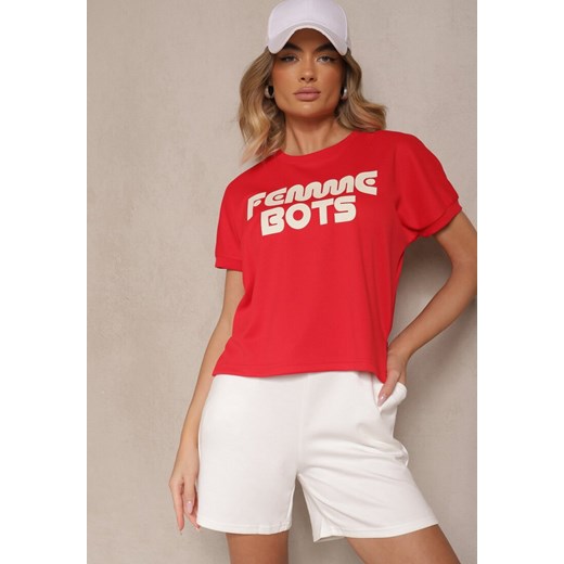 Czerwony T-shirt z Nadrukiem Napisu Dezerine ze sklepu renee.pl w kategorii Bluzki damskie - zdjęcie 184184308