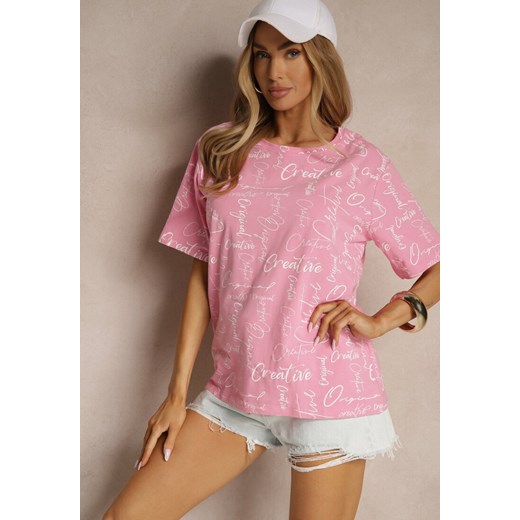 Różowy Bawełniany T-shirt o Kroju Oversize z Ozdobnym Nadrukiem Aveneli ze sklepu renee.pl w kategorii Bluzki damskie - zdjęcie 184184328