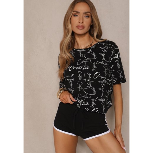 Czarny Bawełniany T-shirt o Kroju Oversize z Ozdobnym Nadrukiem Aveneli ze sklepu renee.pl w kategorii Bluzki damskie - zdjęcie 184184338