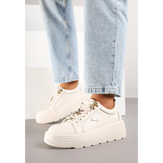 Beżowe Sneakersy na Grubej Podeszwie ze Skóry Naturalnej z Trójkątną Ozdobą Dollassea ze sklepu born2be.pl w kategorii Buty sportowe damskie - zdjęcie 184185806