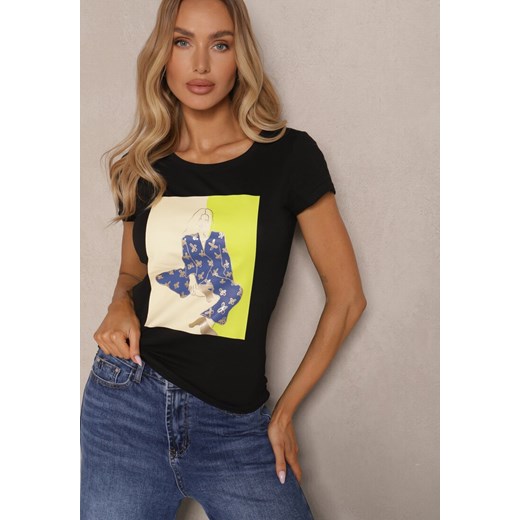Czarny T-shirt z Bawełny Zdobiony Nadrukiem Aizana ze sklepu renee.pl w kategorii Bluzki damskie - zdjęcie 184186538