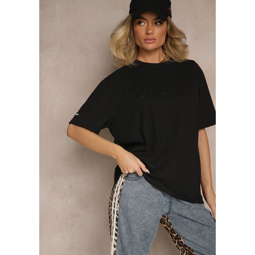 Czarna Bawełniana Koszulka T-shirt z Tłoczonym Napisem Lunorina ze sklepu renee.pl w kategorii Bluzki damskie - zdjęcie 184186548