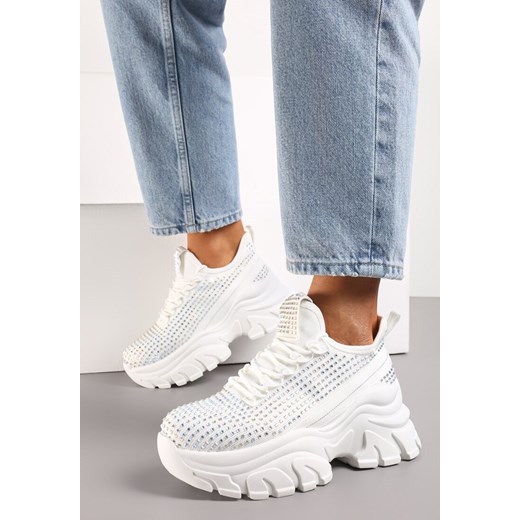 Białe Sneakersy na Platformie z Cholewką z Cyrkoniami Harilena ze sklepu renee.pl w kategorii Buty sportowe damskie - zdjęcie 184188217