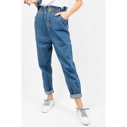 GRANATOWE SPODNIE MOM JEANS Z GUMĄ W PASIE-WYSOKI STAN ze sklepu olika.com.pl w kategorii Jeansy damskie - zdjęcie 184211059