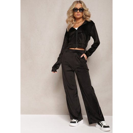 Czarny Komplet Dresowy z Welurowej Dzianiny Szerokie Spodnie i Krótka Bluza Avilti ze sklepu renee.pl w kategorii Dresy damskie - zdjęcie 184215307
